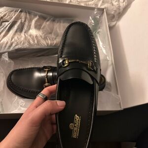 Unisex Genuine Black Leather Loafers with Gold Detailing